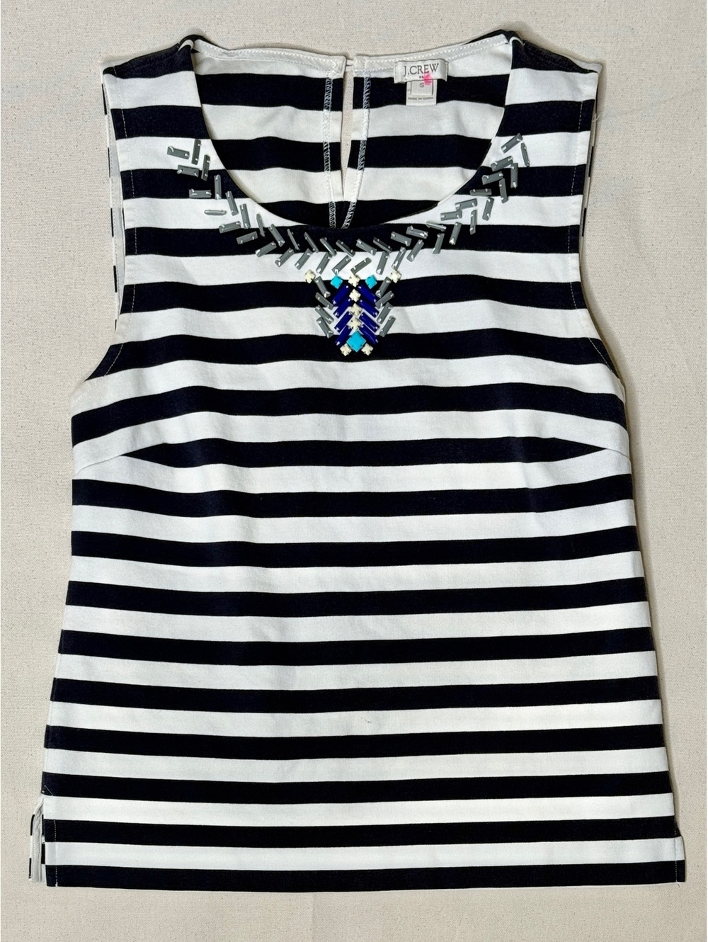 J.Crew Striped Embellished Jeweled Neck Top Women’s S Navy White Sleeveless